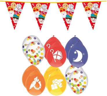 Boland Sinterklaas versiering - 2x stuks plastic Sint/piet vlaggenlijnen 6 meter en 18x ballonnen
