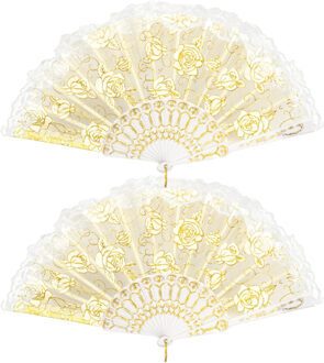 Boland Spaanse handwaaier - 2x - wit/goud - kunststof/polyester - 42 x 24 cm