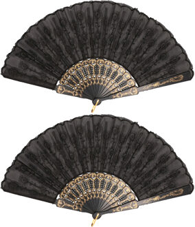 Boland Spaanse handwaaier - 2x - zwart - kunststof/polyester - 42 x 24 cm
