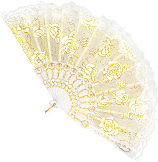 Boland Spaanse handwaaier - wit/goud - kunststof/polyester - 42 x 24 cm - Verkleedattributen Crème