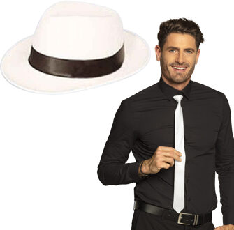 Boland Toppers - Carnaval verkleed Gangster/maffia set witte hoed met stropdas wit