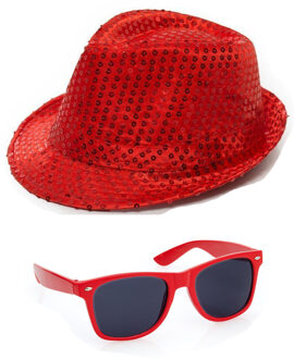 Boland Toppers - Carnaval verkleed set hoed en bril rood glitters
