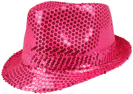 Boland Trilby hoed met pailletten - roze - glitter - Verkleedhoofddeksels