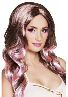 Boland Tweekleurige damespruik met krullen - bruin / roze - verkleed pruiken - balayage Multi