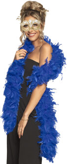 Boland Venetiaans oogmasker in het goud - Met dikke veren Boa in het blauw - 180 cm - Dames