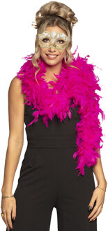 Boland Venetiaans oogmasker in het goud - Met dikke veren Boa in het fuchsia roze - 180 cm - Dames