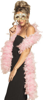 Boland Venetiaans oogmasker in het goud - Met dikke veren Boa in het lichtroze - 180 cm - Dames