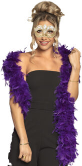 Boland Venetiaans oogmasker in het goud - Met dikke veren Boa in het paars - 180 cm - Dames