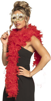 Boland Venetiaans oogmasker in het goud - Met dikke veren Boa in het rood - 180 cm - Dames