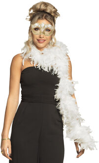 Boland Venetiaans oogmasker in het goud - Met dikke veren Boa in het wit - 180 cm - Dames