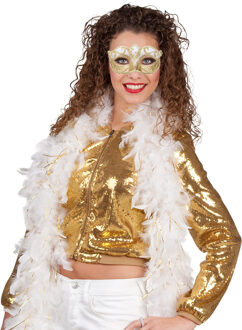 Boland Venetiaans oogmasker in het goud - Met dikke veren Boa in het wit/goud - 180 cm - Dames