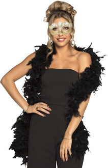 Boland Venetiaans oogmasker in het goud - Met dikke veren Boa in het zwart - 180 cm - Dames