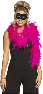 Boland Venetiaans oogmasker in het zwart - Met dikke veren Boa in het fuchsia roze - 180 cm - Dames