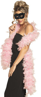 Boland Venetiaans oogmasker in het zwart - Met dikke veren Boa in het lichtroze - 180 cm - Dames
