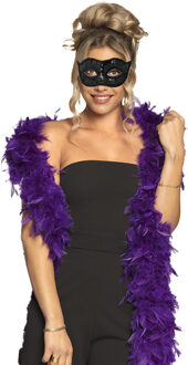 Boland Venetiaans oogmasker in het zwart - Met dikke veren Boa in het paars - 180 cm - Dames