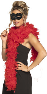 Boland Venetiaans oogmasker in het zwart - Met dikke veren Boa in het rood - 180 cm - Dames