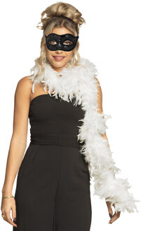Boland Venetiaans oogmasker in het zwart - Met dikke veren Boa in het wit - 180 cm - Dames