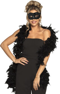 Boland Venetiaans oogmasker in het zwart - Met dikke veren Boa in het zwart - 180 cm - Dames