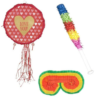 Boland Verjaardag Pinata Rode Hartjes van 40 cm set met stok en masker