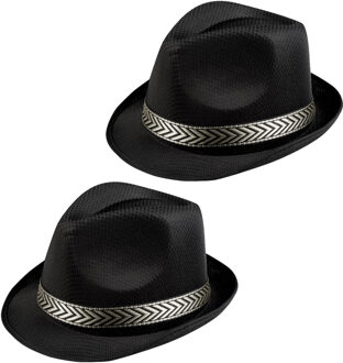 Boland Verkleed hoedje Funky gleufhoed met band - 2x - zwart - volwassenen - Carnaval/Pimp/Gangster/Fun