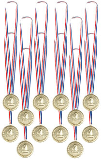 Boland Verkleed medailles met lint - Cijfer 1 - 12x - goud - kunststof - 7.5 cm - speelgoed