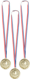 Boland Verkleed medailles met lint - Cijfer 1 - 3x - goud - kunststof - 7.5 cm - speelgoed Goudkleurig