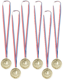 Boland Verkleed medailles met lint - Cijfer 1 - 6x - goud - kunststof - 7.5 cm - speelgoed