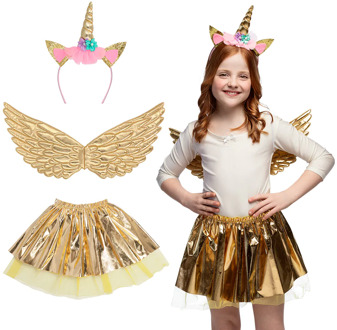 Boland Verkleed set eenhoorn fee - vleugels/diadeem/rokje - goud - kinderen