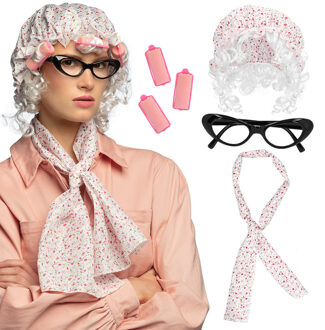 Boland Verkleed set Oma/Bejaarde vrouw - dames - Carnavalskleding - 4 delig Multi