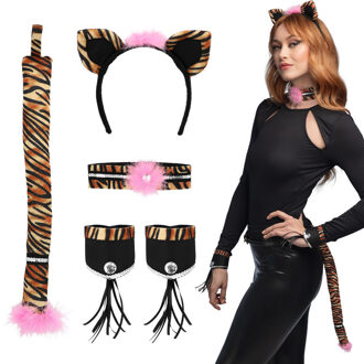Boland Verkleed set tijger - oortjes diadeem/staart/banden - bruin - dames - Carnavalskleding