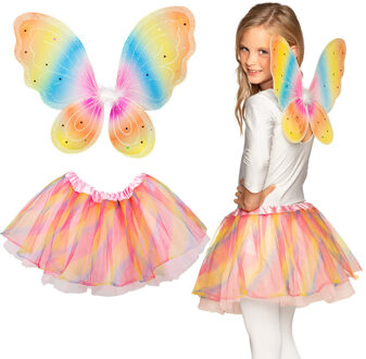 Boland Verkleed set vlinder/fee - vleugels en rokje - regenboog kleuren - kinderen - Carnavalskleding/acces Multi
