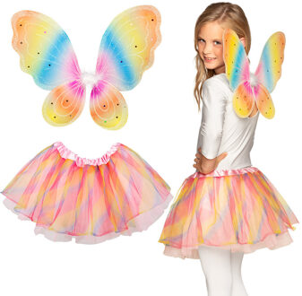 Boland Verkleed set vlinder/fee - vleugels en rokje - regenboog kleuren - kinderen - Carnavalskleding/acces