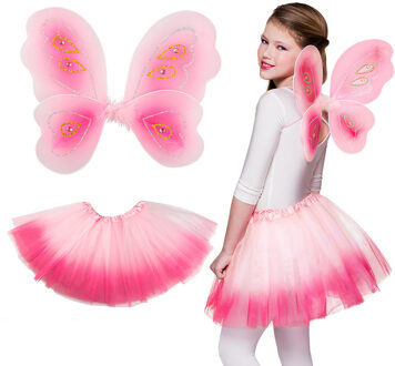 Boland Verkleed set vlinder/fee - vleugels en rokje - roze - kinderen - Carnavalskleding/acces