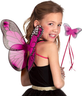 Boland Verkleed set vlinder - vleugels en toverstokje - fuchsia roze - kinderen