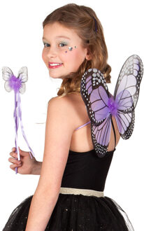 Boland Verkleed set vlinder - vleugels en toverstokje - paars - kinderen - Carnavalskleding/accessoires