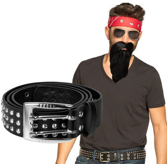 Boland Verkleed setje Biker/Rocker - Heren - Bandana/riem/baard met snor
