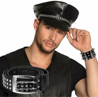 Boland Verkleed setje Biker/Rocker - Heren - pet/riem en armband met studs - zwart