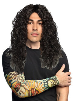 Boland Verkleed setje heren Bikers/Rockers - carnaval verkleedpruik zwart - met setje Tattoo sleeves