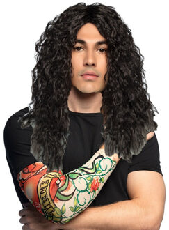 Boland Verkleed setje heren Bikers/Rockers - carnaval verkleedpruik zwart - met setje Tattoo sleeves