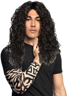 Boland Verkleed setje heren Bikers/Rockers - carnaval verkleedpruik zwart - met setje Tattoo sleeves