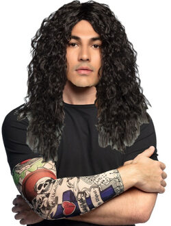 Boland Verkleed setje heren Bikers/Rockers - carnaval verkleedpruik zwart - met setje Tattoo sleeves