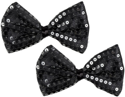 Boland Verkleed vlinderstrik pailletten - 2x - zwart - 11 cm - volwassenen - Gala vlinderdas