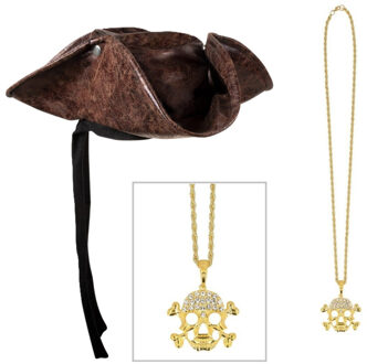 Boland Verkleedkleding set Piraten hoed - bruin - met piraten ketting - Piraten accessiores - dames/heren