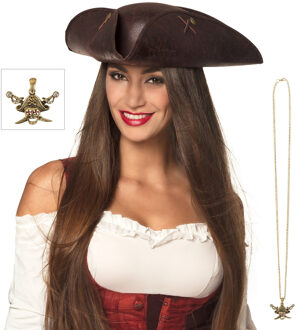 Boland Verkleedkleding set Piraten hoed - bruin - met piraten ketting - Piraten accessiores - dames/heren
