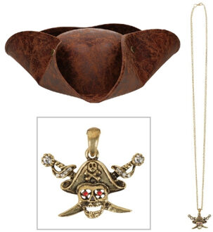Boland Verkleedkleding set Piraten hoed - bruin - met piraten ketting - Piraten accessiores - dames/heren