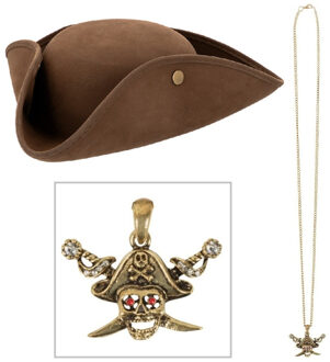 Boland Verkleedkleding set Piraten hoed - bruin - met piraten ketting - Piraten accessiores - dames/heren