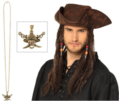 Boland Verkleedkleding set Piraten hoed met haar - bruin - met piraten ketting - heren