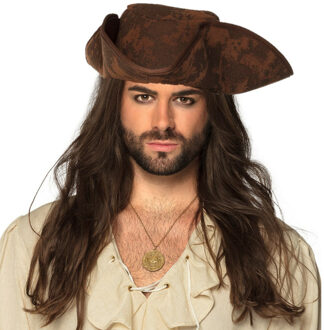 Boland Verkleedkleding set Piraten hoed met haar - bruin - met piraten ketting - heren