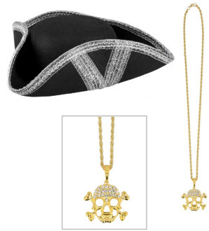 Boland Verkleedkleding set Piraten hoed - zwart - met piraten ketting - Piraten accessiores - dames/heren