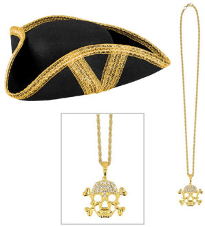 Boland Verkleedkleding set Piraten hoed - zwart - met piraten ketting - Piraten accessiores - dames/heren